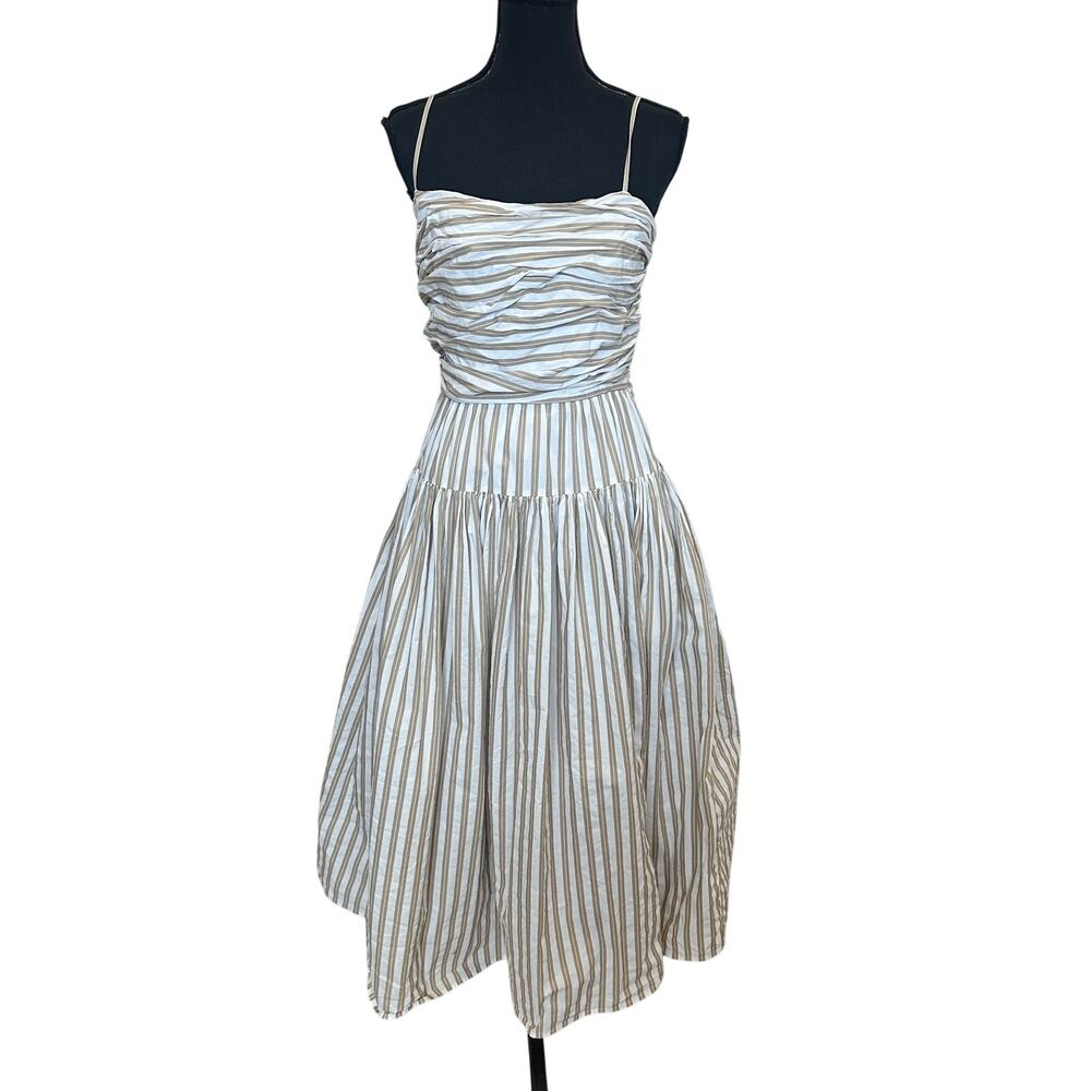 Toccin Brown Stripe Fit and Flare Midi Dress Size 12 Cotton Ruched Designer $475 - Picture 5 of 11